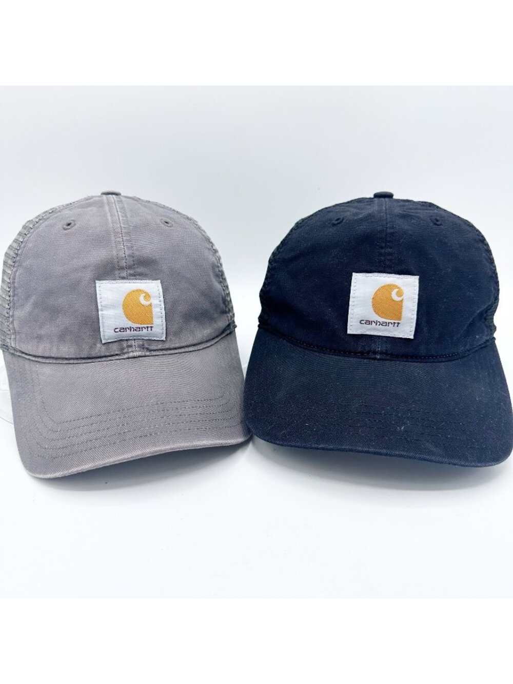 Lot of 2 Carhartt Patch Logo Canvas Mesh Gray Black Snapback Mens Trucker Hats